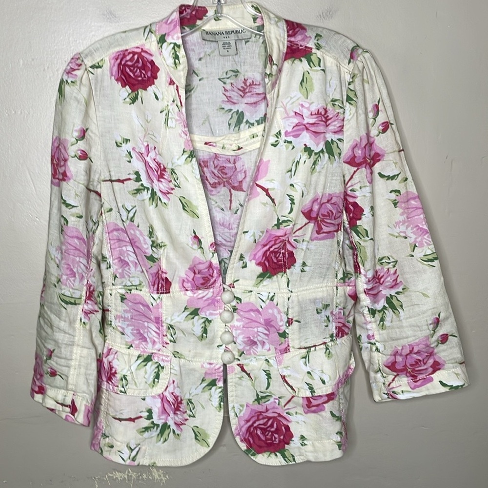 BANANA REPUBLIC Fabric Blazer Floral Linen Covered Buttons Cottagecore 8 - Picture 12 of 12
